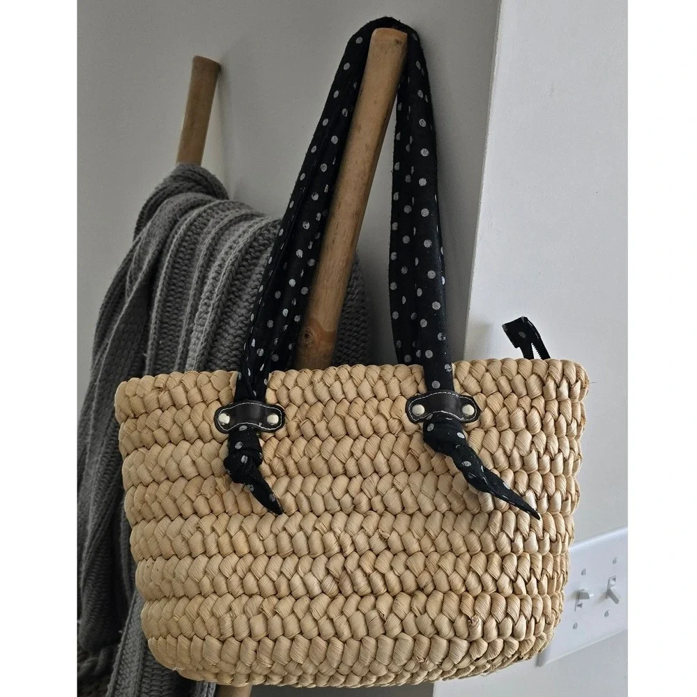 Cappelli Straworld Woven Corn Husk Tote Bag Polka Dot Handles‎ Tan Black White